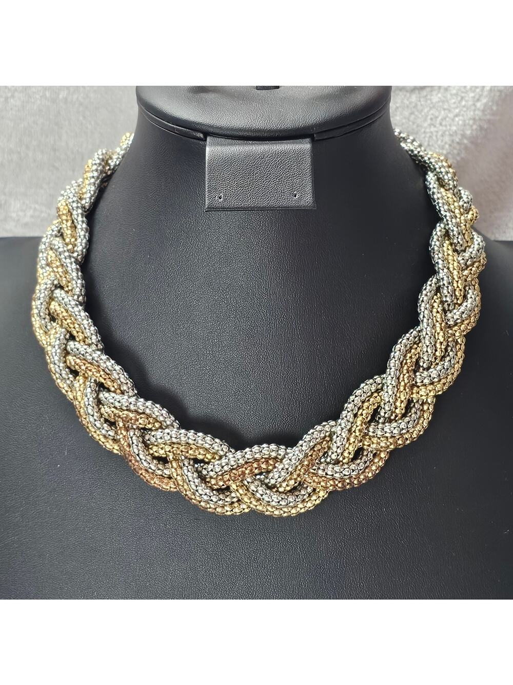 Two Tone Braided Popcorn Chain Choker Necklace Gold Silver 6 Strand Statement